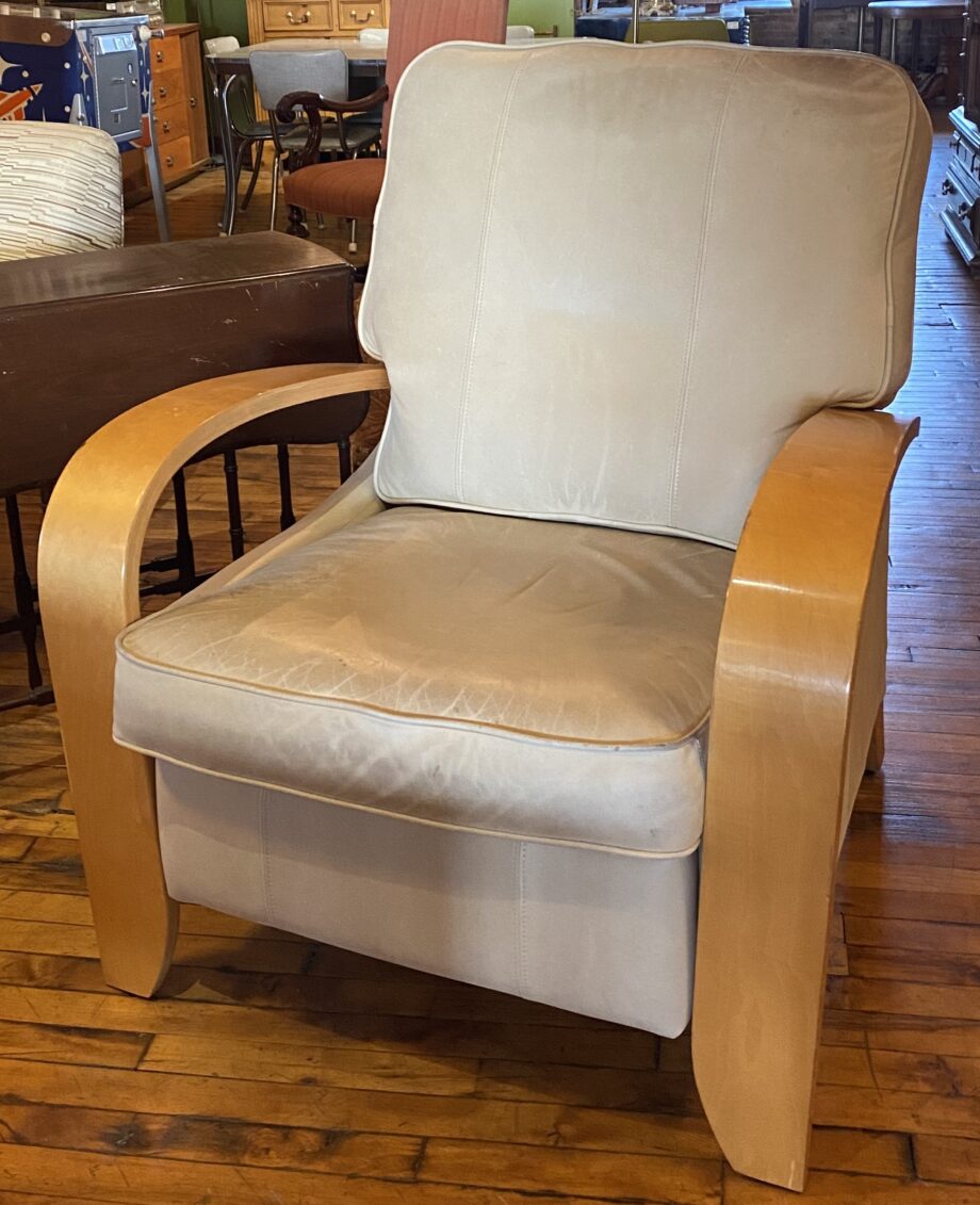 Cream Leather and Wood Armed Recliner