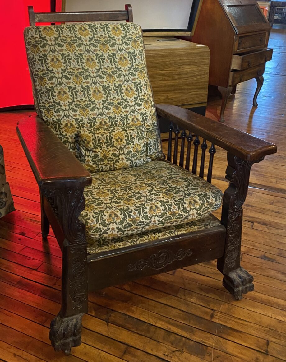 Carved Wood Armchair w Green and Gold Upholstery and Claw Feet