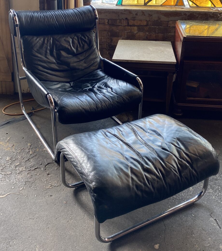 Black Leather and Metal Lounge Chair w Ottoman