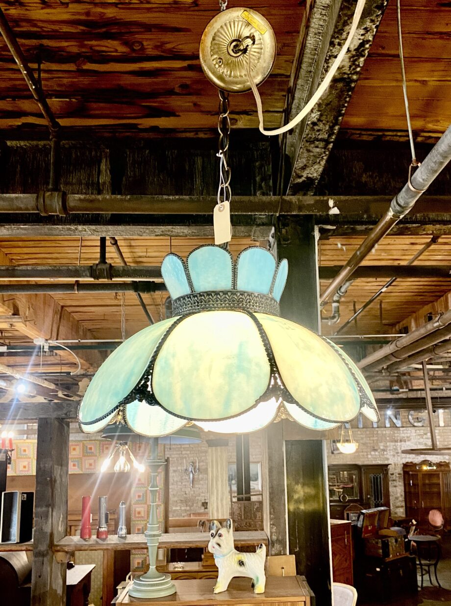 Blue Stained Glass Tulip Shaped Hanging Light w Milk Globe