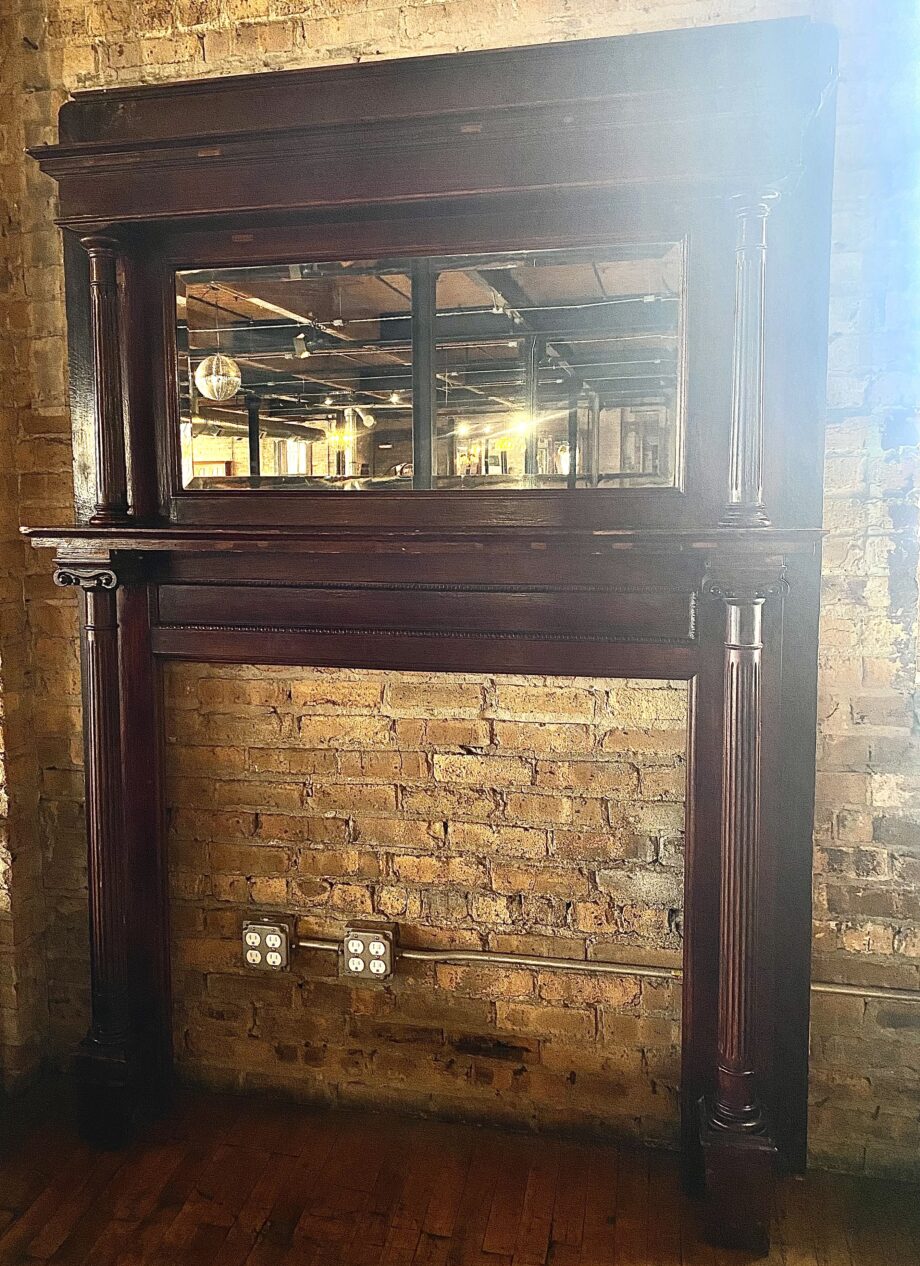 Dark Wood Mantle w Columns and Beveled Mirror