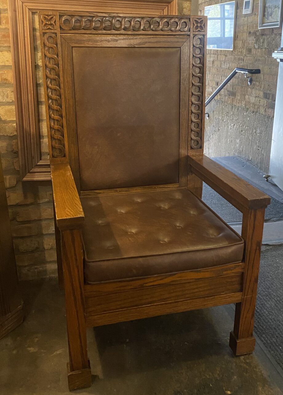 Large Leather and Carved Wood Chair from Moody Church