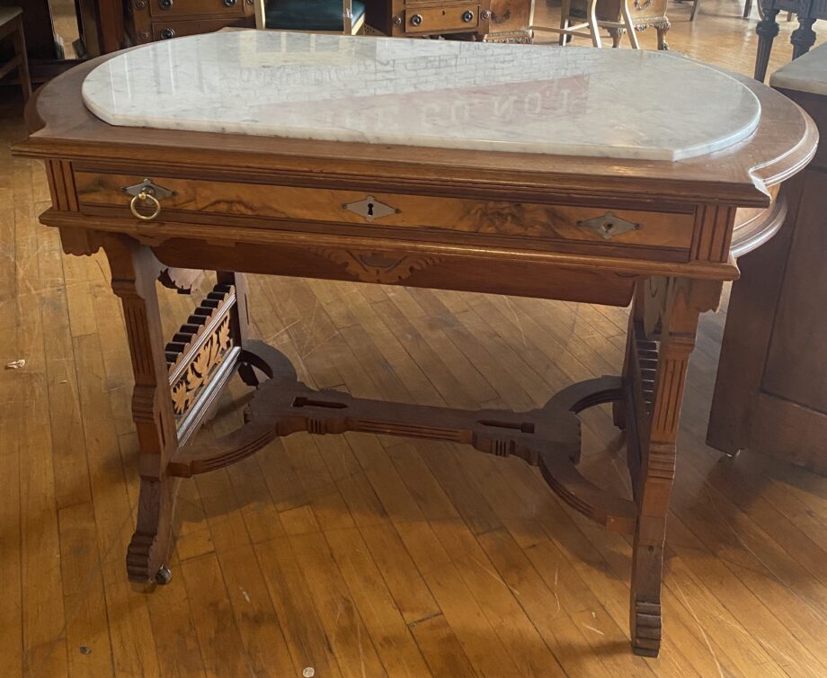 Carved Wood and White Marble Top Hall Table