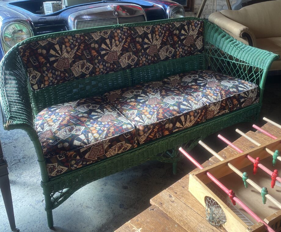 Green Wicker Couch w Billiard Pattern