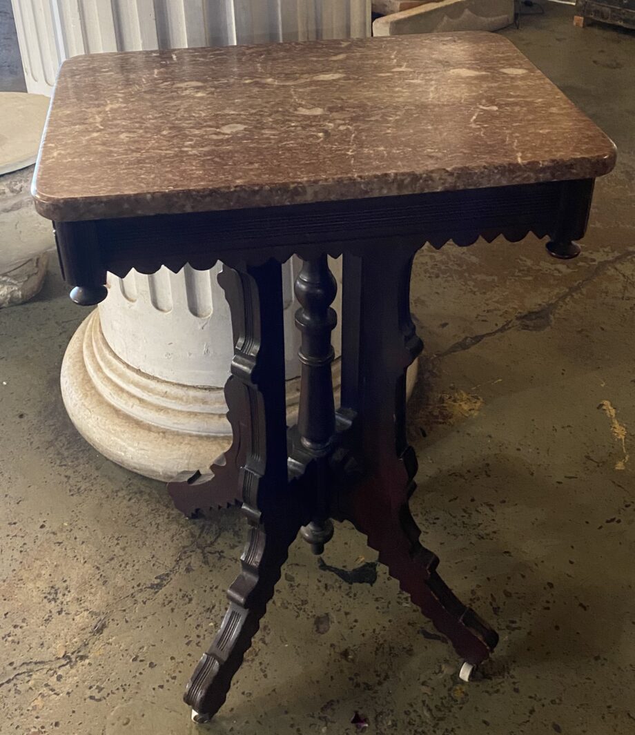 Small Maroon Marble Top Carved End Table