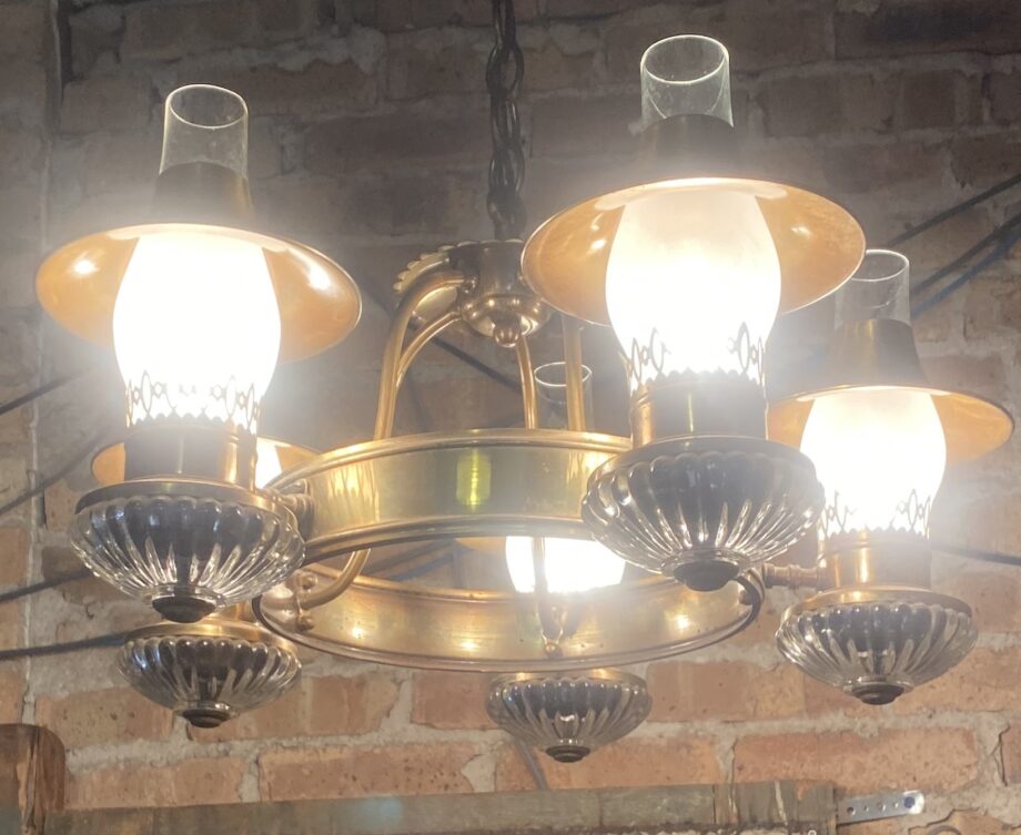 Gold and Glass 5 Light Chandelier w Lantern Shades