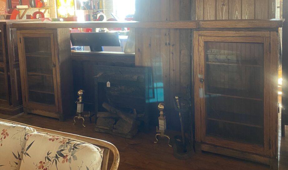 Long Wood Mantle w 2 Glass Door Cabinets