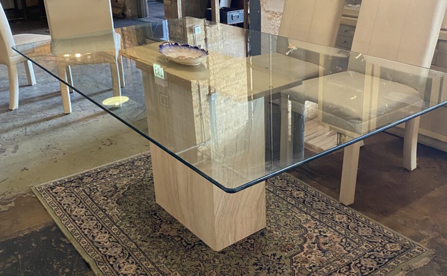 Glass Top Dining Table w Travertine Base