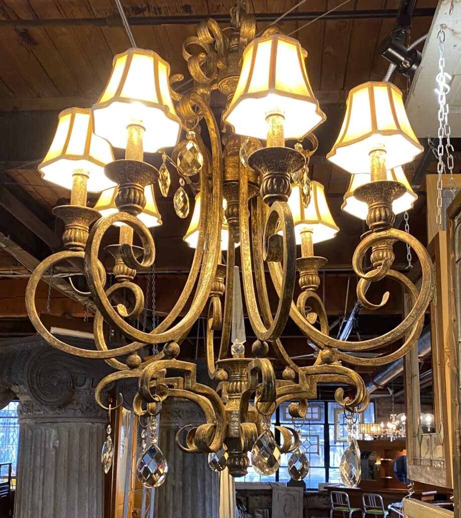 Large 8 Light Chandelier w Cloth Shades and Prisms