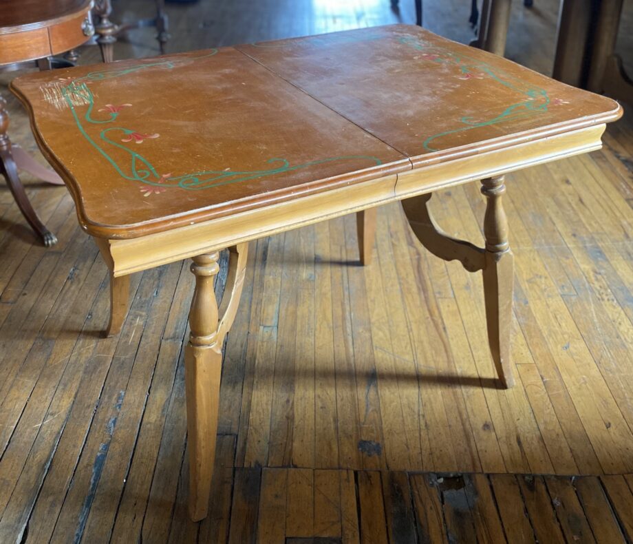 Small dining Table w Painted Vine Design and 2 Leaves