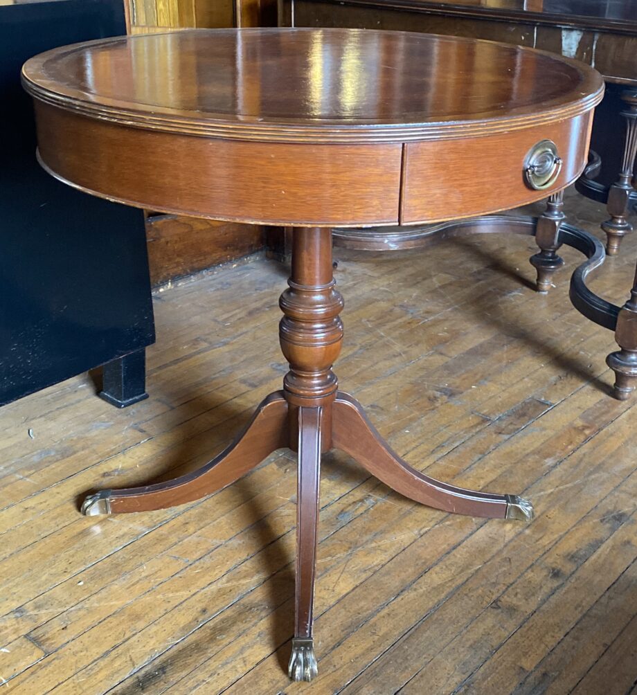 Mahogany Drum Table w Gold Circular Patterned Top