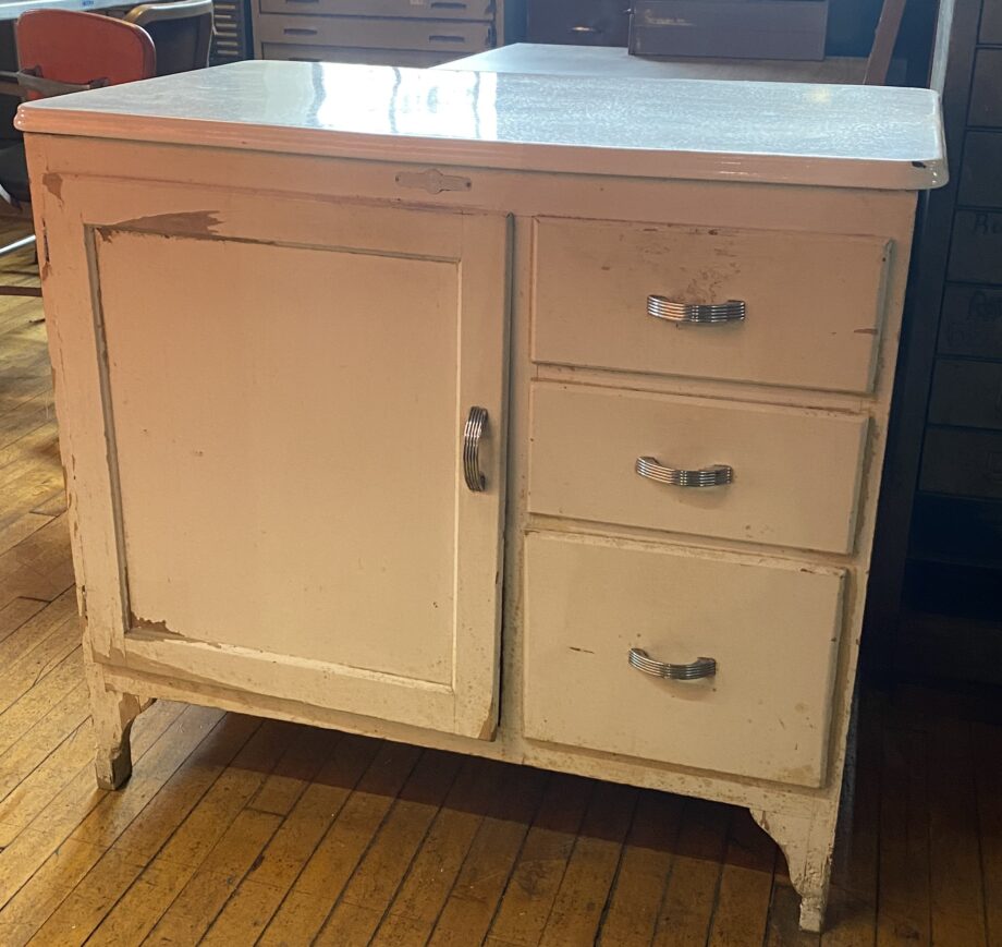 White Enamel Top and Wood Base Cabinet