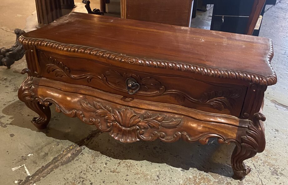 Carved Wood Low Coffee Table w 1 Drawer