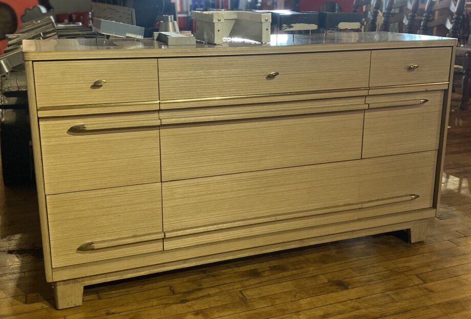 9 Drawer Beige Striped Dresser w Gold Accents