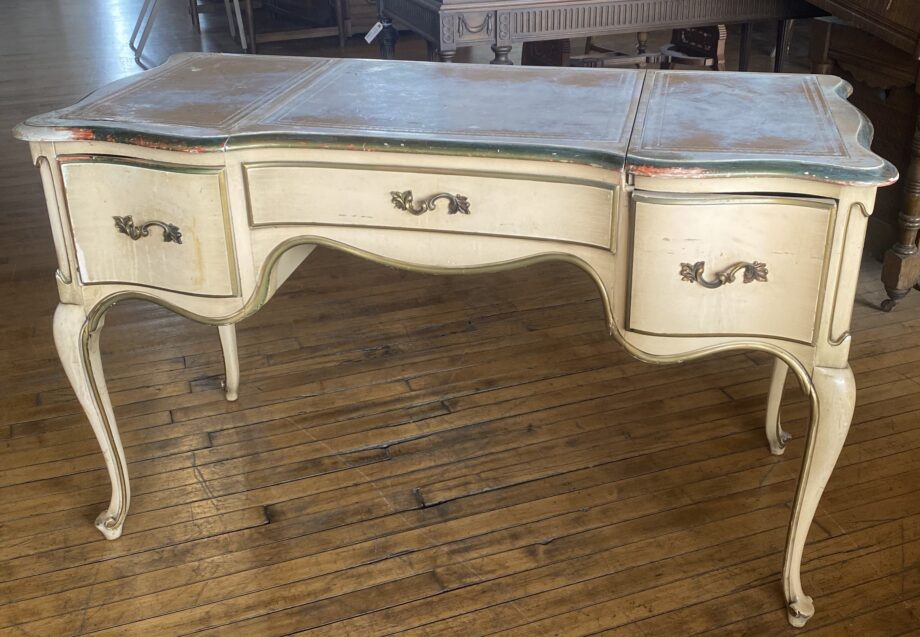 Distressed Leather Top White Desk w 2 Drawers