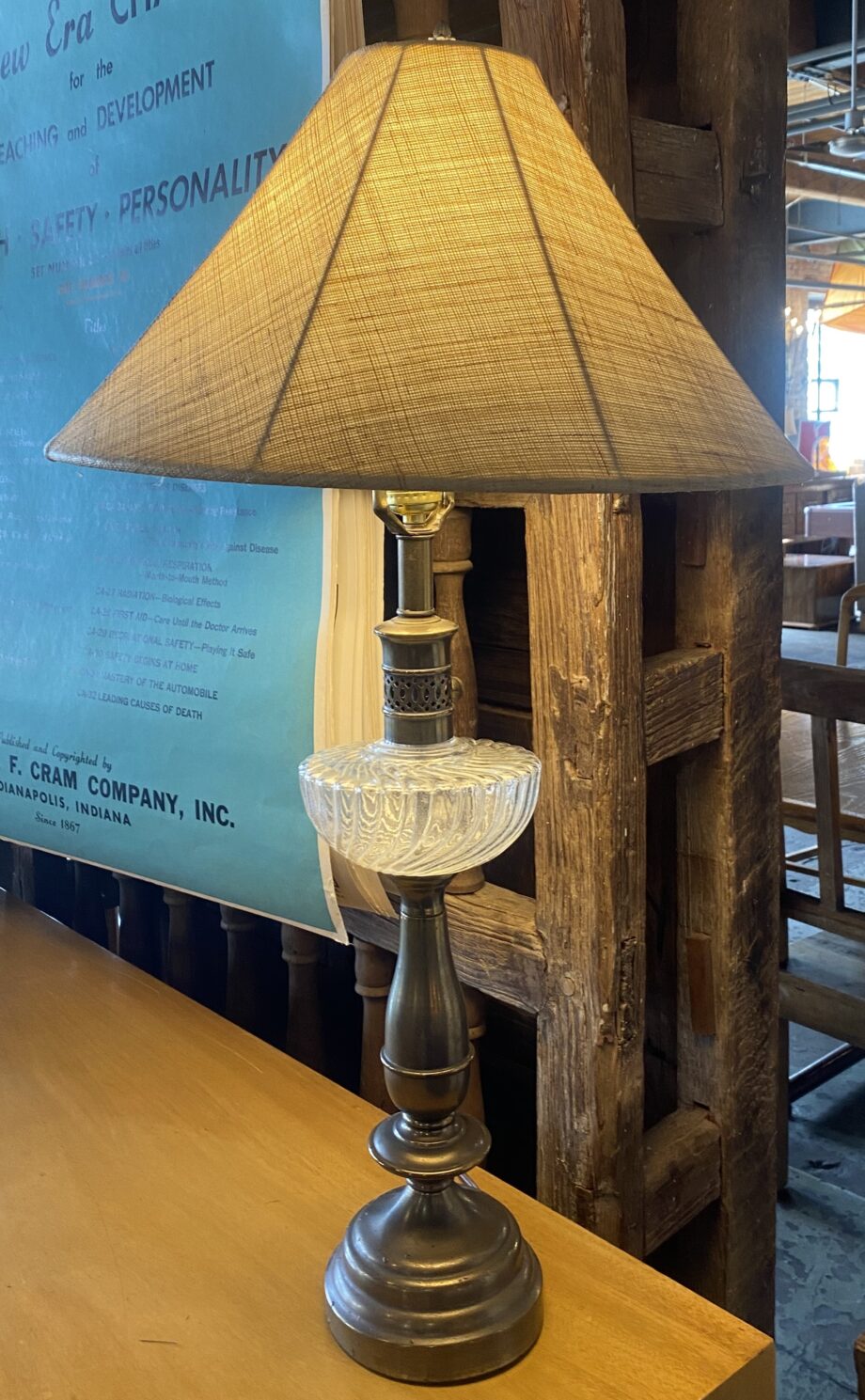 Twirled Glass and Brass Table Lamp w Tweed Shade