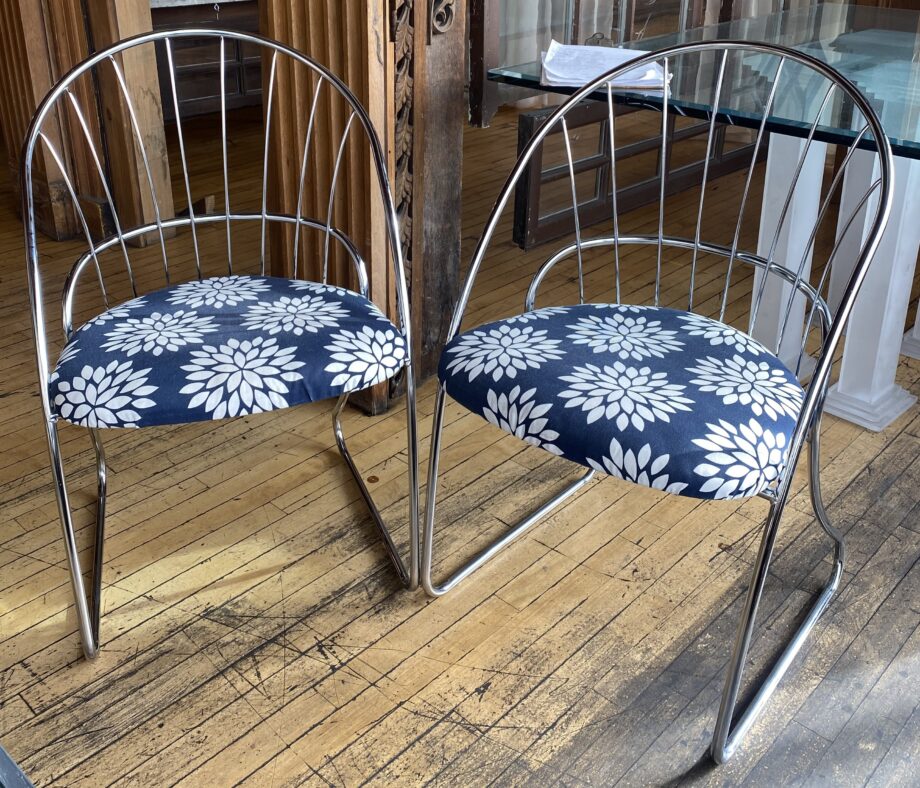 Chrome Daystrom Chair with White Floral and Blue Cushion