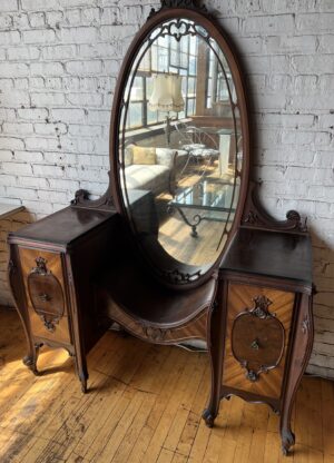 Carved Wood Vanity w/ Large Oval Mirror & 6 Drawers from Pullman House