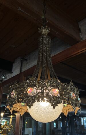 Gold Circular Teardrop Chandelier w/ Sparkle Globe And Cut Glass Pendants