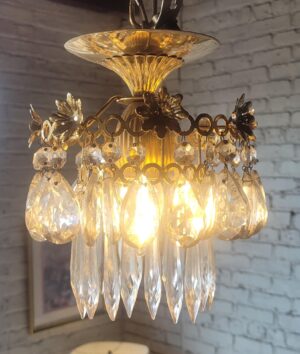 Mini 1 Light Chandelier w/Brass Flower & Prisms