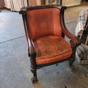 Victorian Carved Barrel Club Arm Chair w Orange Upholstery