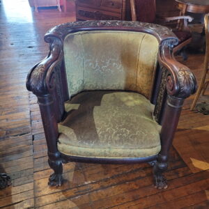 Victorian Carved Barrel Club Arm Chair w Green Upholstery