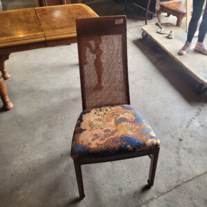4 MCM Cane Back Blue Floral Upholstered Dining Chairs