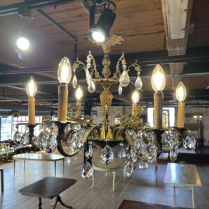 6 Light Brass Chandelier w/Glass Prisms