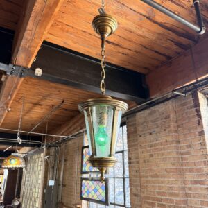 1 Light Brass w Decorative Columns & Feathered Glass Hanging Light