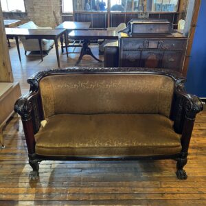 Victorian Carved Barrel Sofa w Gold Upholstery