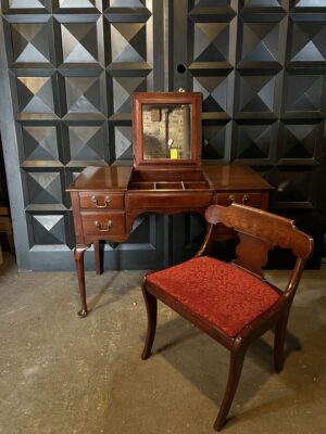 Folding Mirrored Vanity w Drawers and Red Cushioned Chair