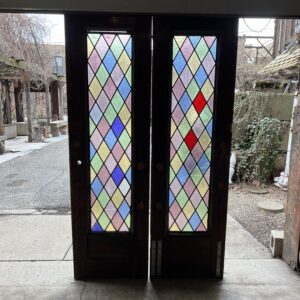 PAIR Diamond Colorful Stained Glass Oak Door Set
