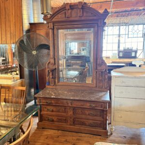 Victorian Eastlake Style Walnut 3 Drawer Dresser w Grey Marble Top