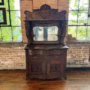 Victorian Oak Sideboard w Lions and Mirrored Carved Top
