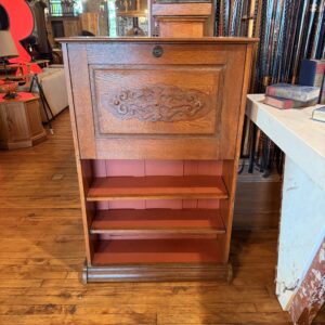 Carved Front Secretary Bookshelf with Drop Top and Salmon Paint