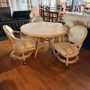 80s Rattan Table and 4 Rolling Bamboo Chairs Set