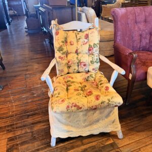 Antique Spindle Back Wood Chair w/Yellow Floral Cushions