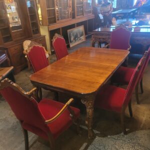 Victorian Dining Set: Table w 4 leaves & 6 Red Velvet Dining Chairs