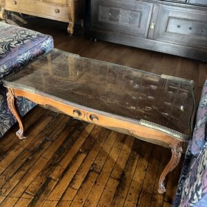 Antique Carved Coffee Table w Brass Trim