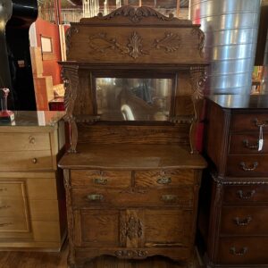 Antique Carved 3 Drawer 2 Door Oak Sideboard w Mirror