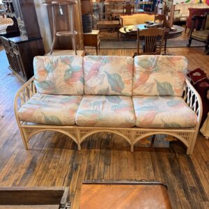 80s Rattan Sofa with Pink and Blue Upholstery