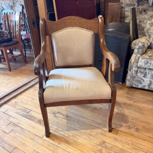 Antique Oak Arm Chair w Ivory Upholstery