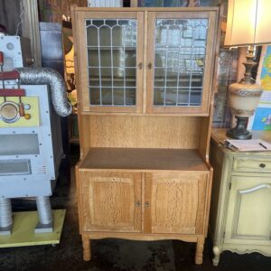 Danish Quarter Sawn Oak Leaded Glass 4 Door Hutch