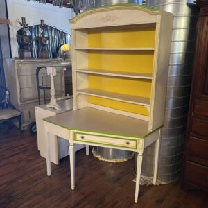 Vintage White Green and Yellow Desk with Bookcase