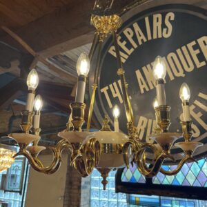 Peach Onyx and Brass 8 Light Chandelier