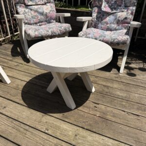 Outdoor White Wood Circle Coffee Table w Glass Top