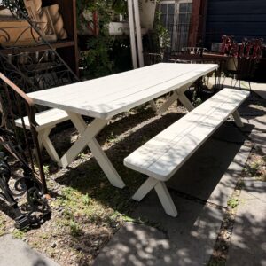 Outdoor White Wood Patio Trestle Table and Benches