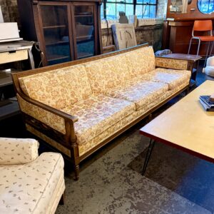 Oak Framed Sofa w Tan & Pink Floral Upholstery