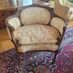Victorian Barrel Back Arm Chair w Gold Floral Upholstery