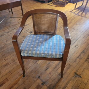 Caned Back Maple Arm Chair w Blue Upholstery